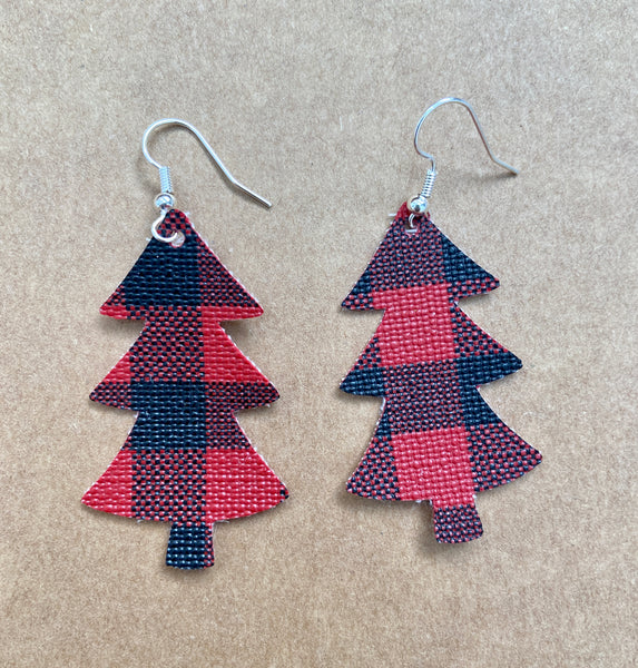 Large red and black buffalo check Christmas tree earrings