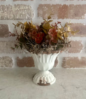 White Chippy Metal  Urn with Fall eucalyptus