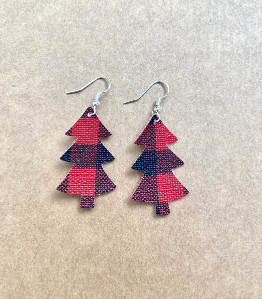 Small red and black buffalo check Christmas tree earrings